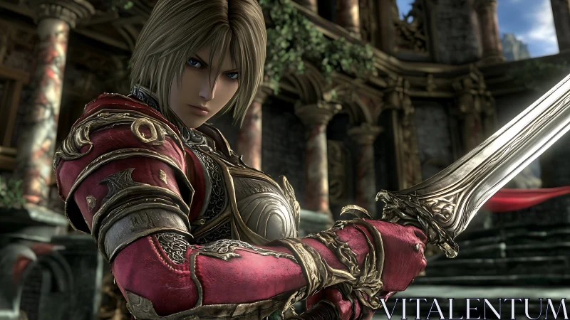 Armored swordsman in high-detail 3D fantasy battle stance.