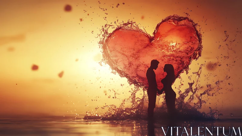Silhouetted Couple with Water-Form Heart Splash Against Sunset