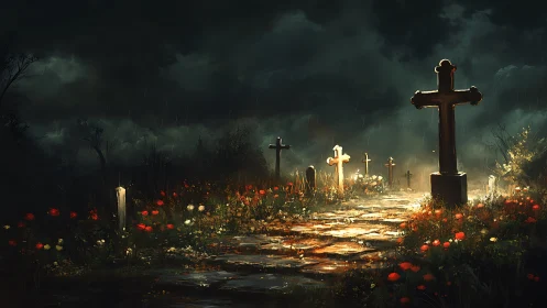 Stormlit graveyard blooms while silent crosses stand guard