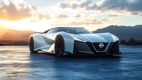 Futuristic silver sports car on open road at sunset glow.