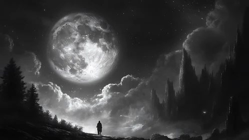 Solitary figure observes oversized moon above jagged terrain