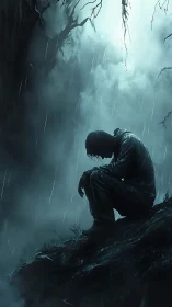 Rain-soaked loner perched on the cliff of unsaid storms.