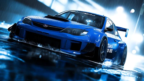Blue race car sliding through neon rain-soaked streets.