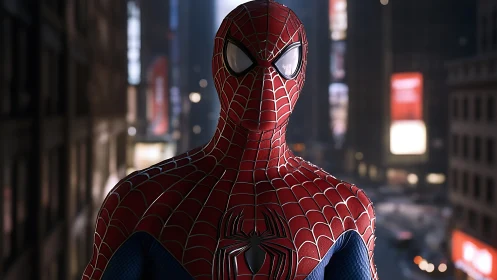 Midnight web-suited vigilante above neon city glow.