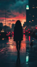 Silhouetted figure walks through neon-lit dusk city streets