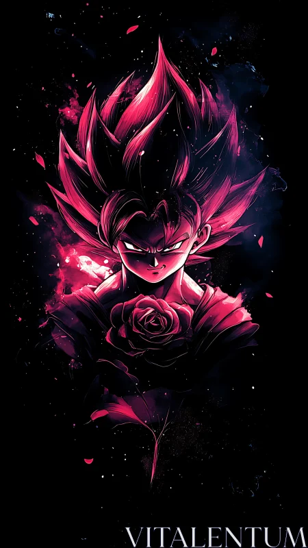 Crimson-haired anime warrior portrait with glowing rose emblem