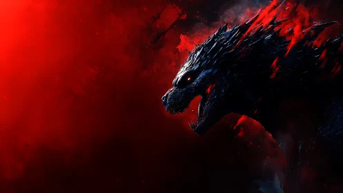 Digital painting profile of fiery kaiju amid red negative space.