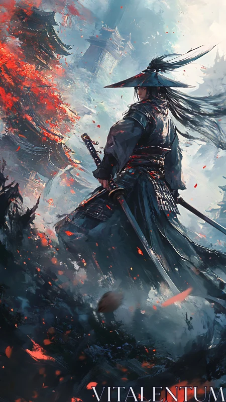 Storm-lit ronin strides through emberfall temple ruins.