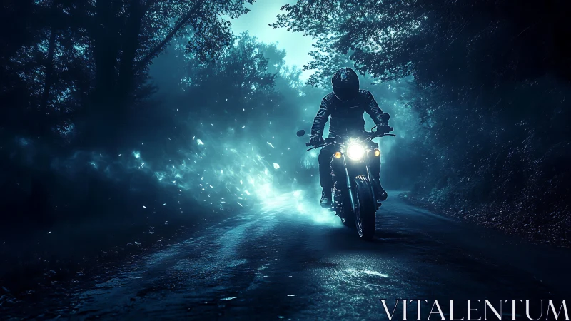 Motorcyclist traversing wet forest road in cinematic blue fog.