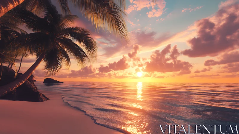Tropical littoral sunset with specular ocean reflection rendering.
