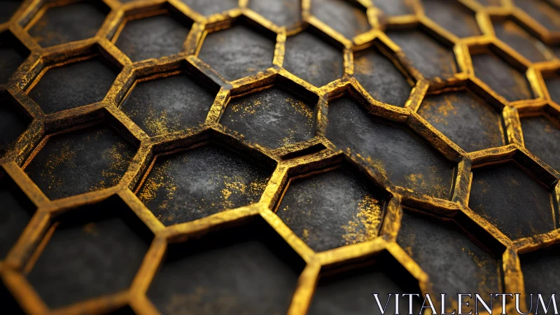 Abstract metallic honeycomb pattern with gold and black textures.