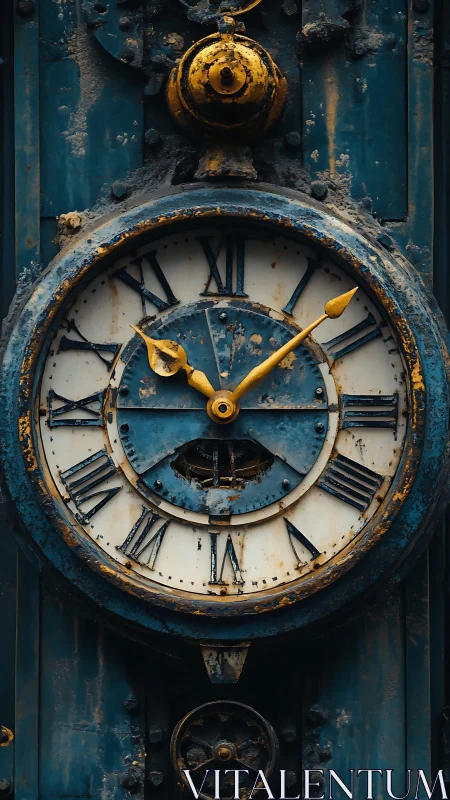Weathered clock face keeps quiet time in rich blue rust