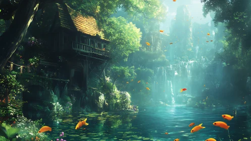 Digital scene depicts riverside house, waterfall and koi fish