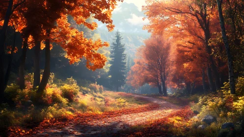 Autumn Forest Path Through Golden Canopy.