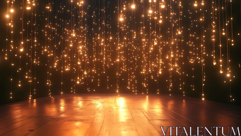 Suspended warm LED filaments above reflective wooden floor