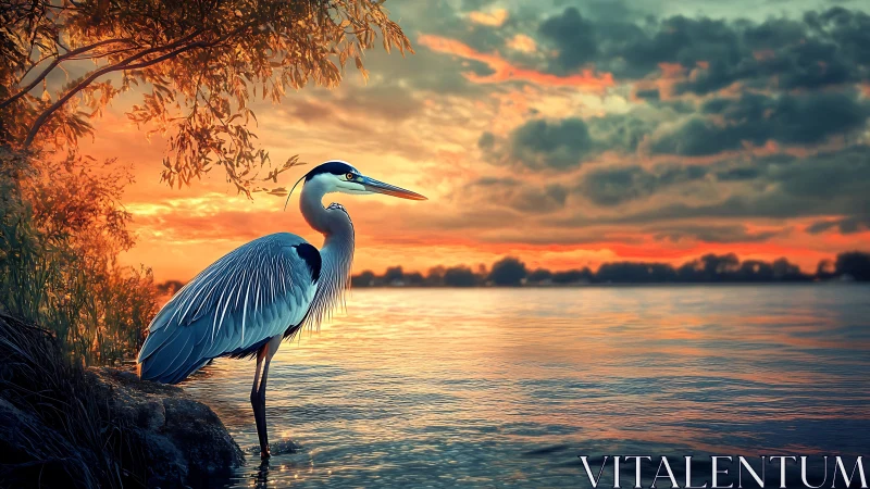 Heron stands in shallow lakeside water during sunset