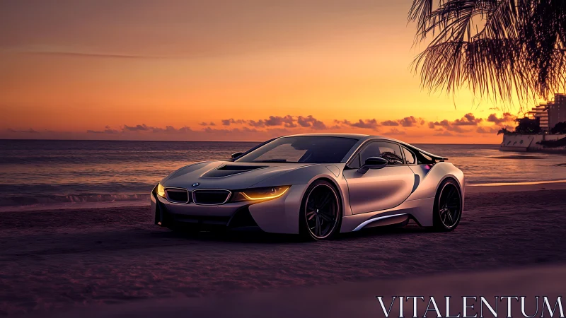 Sleek silver sports car glows against a tranquil beach sunset.