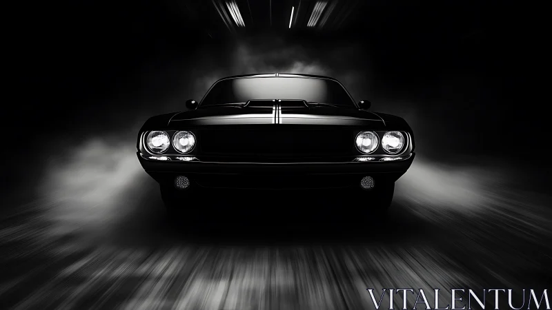 Classic muscle car front view in dark motion scene.