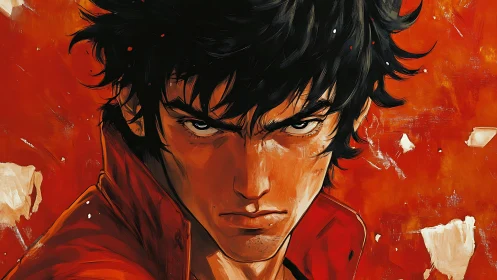 Fierce stare against a blazing red storm of emotion.