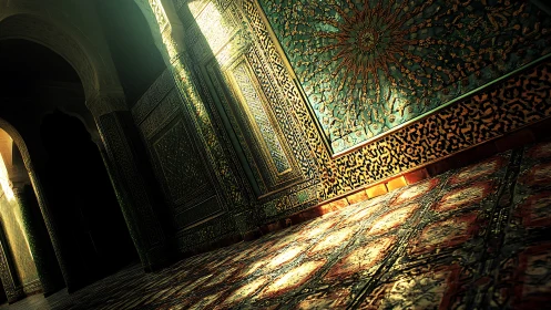 Photorealistic Moorish corridor with tilted light geometry.