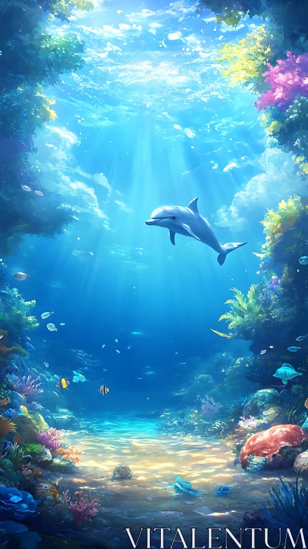 Sunlit dolphin glides through a jewel-bright coral kingdom.