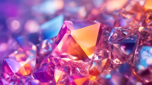 Colorful macro cluster of faceted crystals and light reflections.