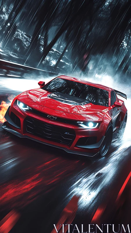 Red muscle car storms through neon-lit rain-soaked forest highway
