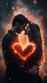 Cosmic Romance: Silhouettes With Glowing Heart.