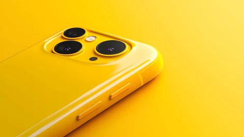 Bright yellow smartphone with triple camera on vibrant background.