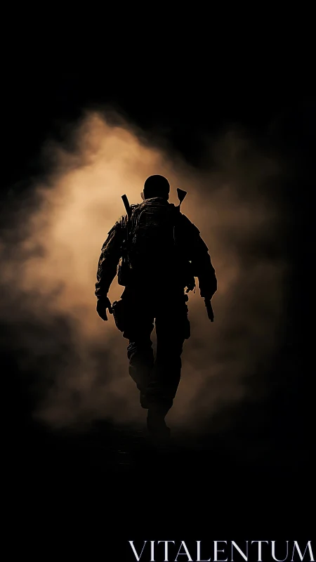 Silhouetted armed soldier walking through dense backlit smoke.