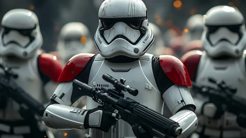 Armored sci fi trooper squad with rifles in battlefield haze