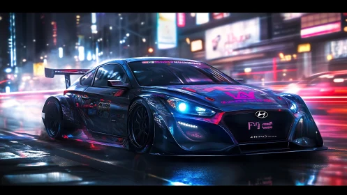 Neon street racer slices through electric midnight city rain.