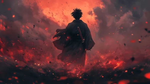 Lone emberborn swordsman walking through a burning dusk storm.