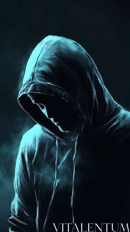 Hooded silhouette in cyan rim light and volumetric shadow study.