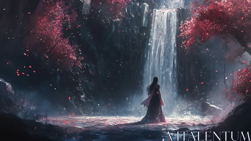 Solitary robed figure faces luminous forest waterfall at dusk