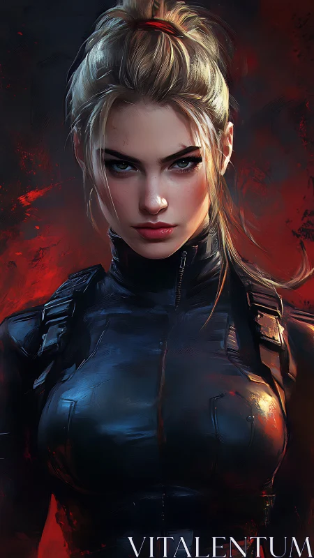 Tactical blonde operative in black combat suit, warm rim light