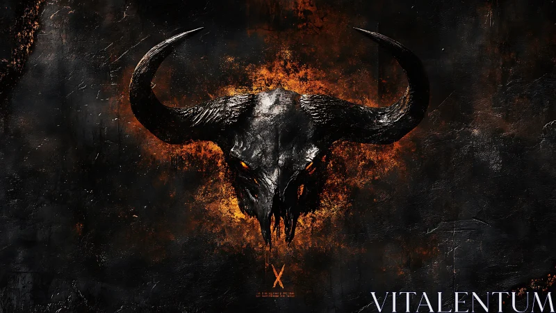 Demonic bull skull burns over molten textured darkness