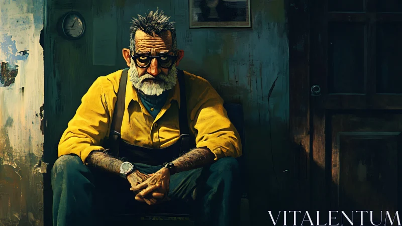 Weathered mechanic in yellow shirt under moody studio light.