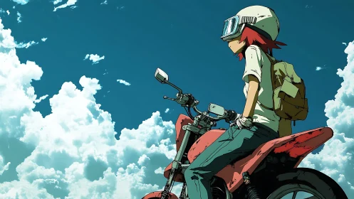 Motorcyclist with backpack studies cumulus cloud field under saturated sky
