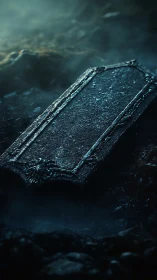 Weathered stone coffin lid in misty, low-key grave trench