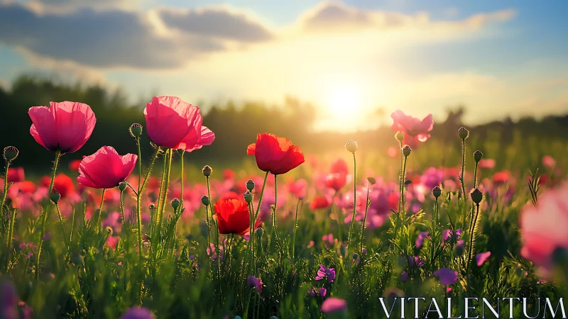 Radiant poppy field at golden hour with luminous atmospheric backlighting