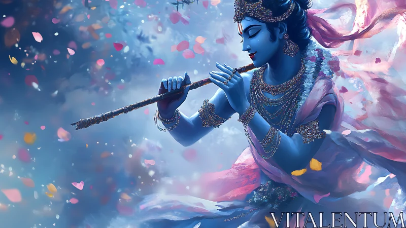 Blue flute player in swirling petals and gentle twilight.
