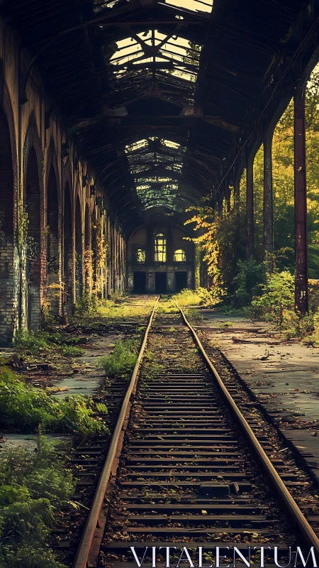Overgrown railway hall captures haunting industrial decay.