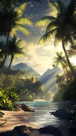 Backlit tropical river valley shows volumetric light and depth