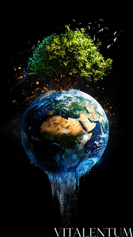 Lush green tree grows from glowing Earth in cosmic void