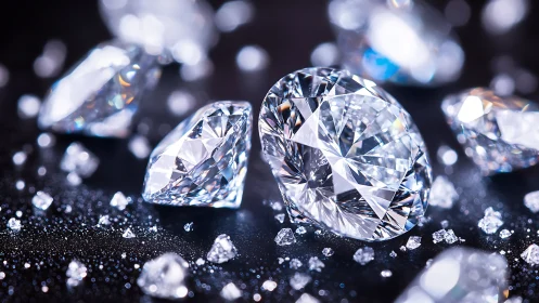 Brilliant cut diamonds scattered on glittering dark surface.