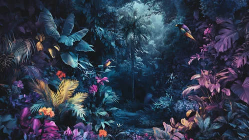 Neon rainforest canopy with tropical birds and glowing flora.