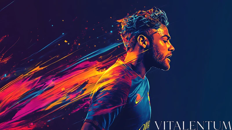 Dynamic neon soccer portrait captures explosive motion.