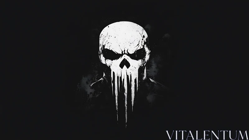 Monochrome dripping skull emblem on deep black field.
