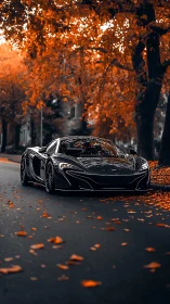 Sleek black sports car gliding through cozy autumn streets.
